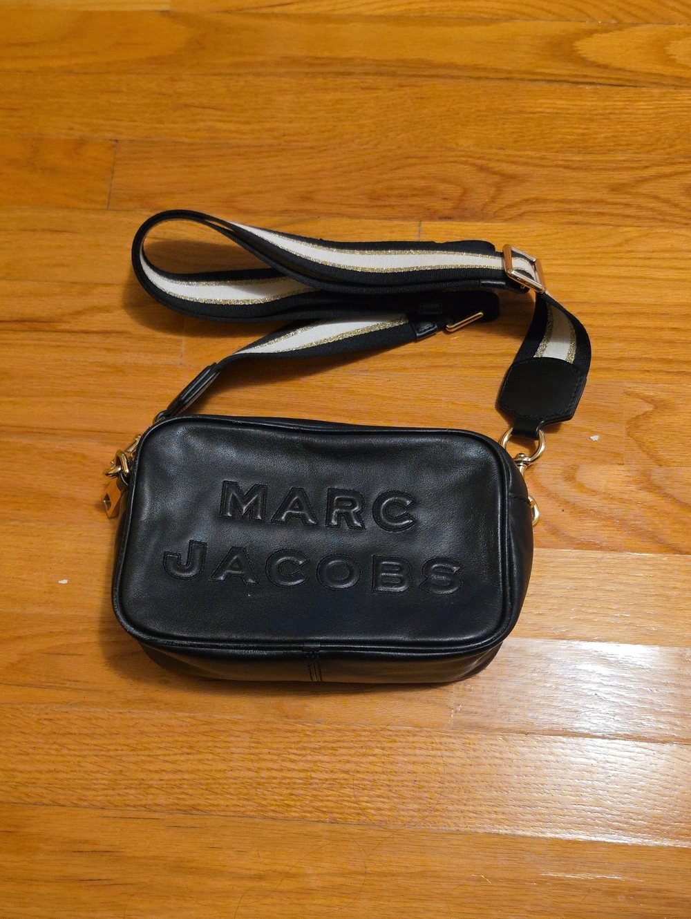 Marc Jacobs Black Leather Camera Bag with Striped Webbing Strap
